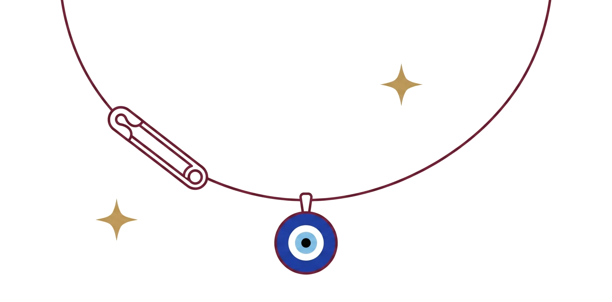 Hình vẽ nét dây chuyền Tự Thương Mình: charm ghim dẹt xỏ trên dây và mặt Evil Eye treo ở giữa