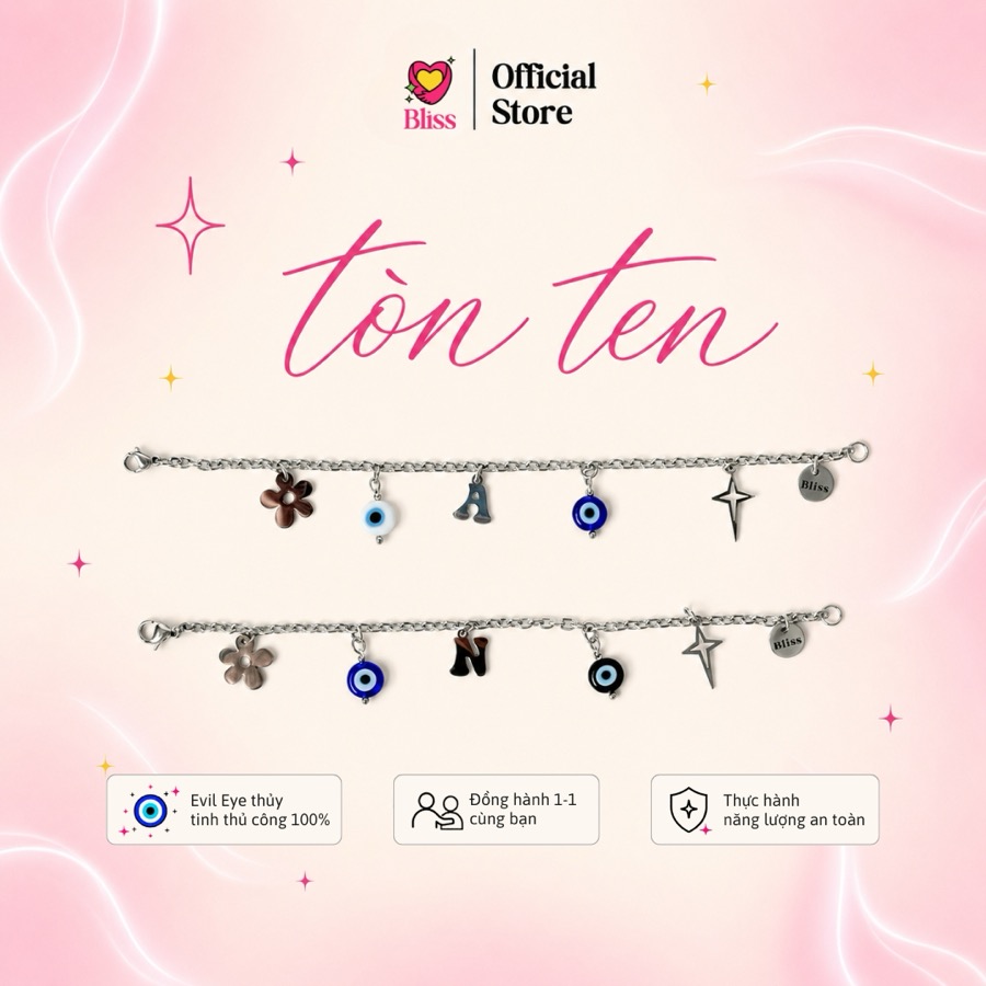Vòng Tay TònTen Thép Không Gỉ Mix 2 Evil Eye & Chữ Cái Tên (Bản Xích Nhỏ)