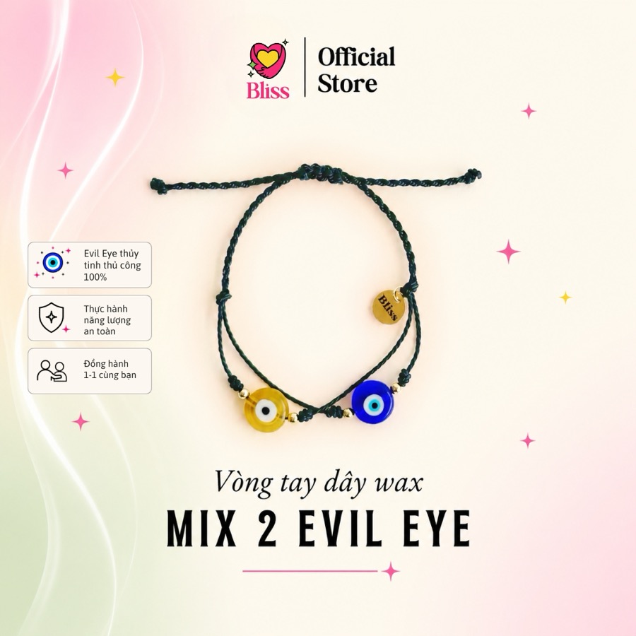 Vòng Tay Evil Eye Thủy Tinh Dây Wax Mix 2 Màu (Dây Đen)