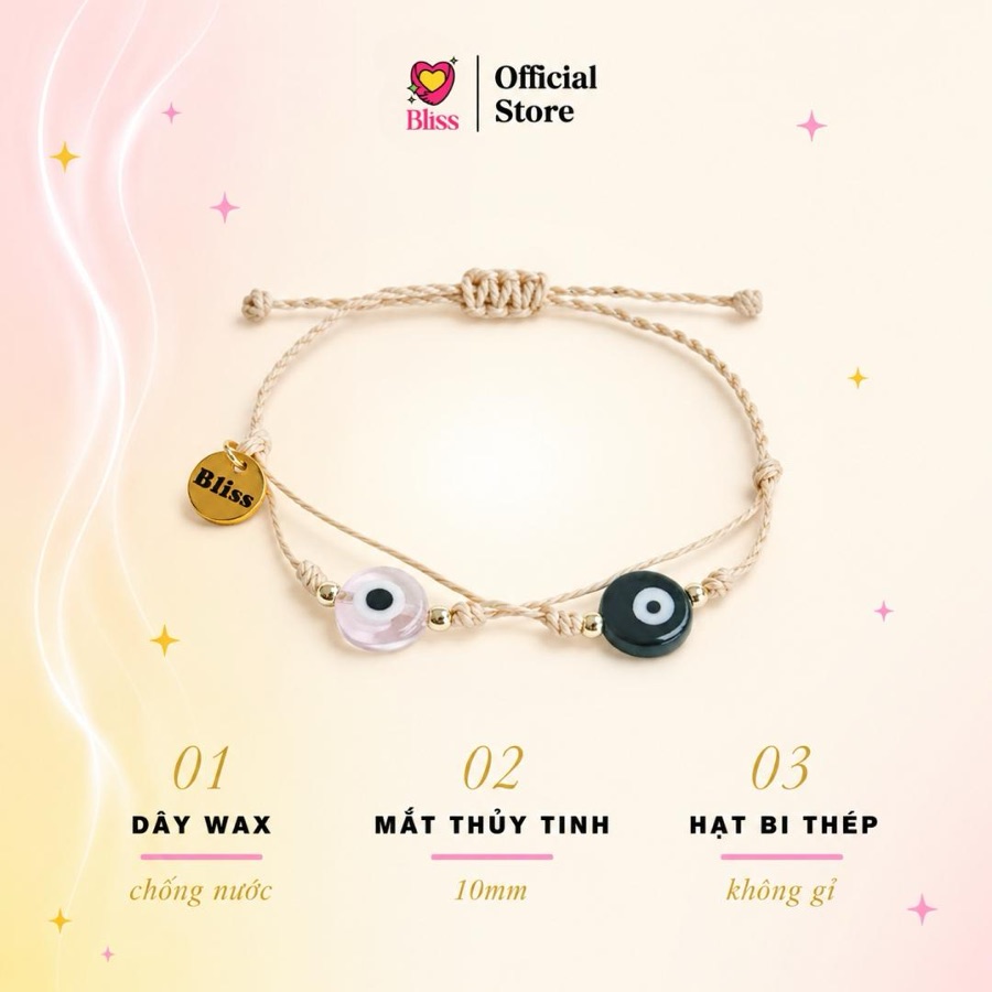 Vòng Tay Evil Eye Thủy Tinh Dây Wax Mix 2 Màu (Dây Be)