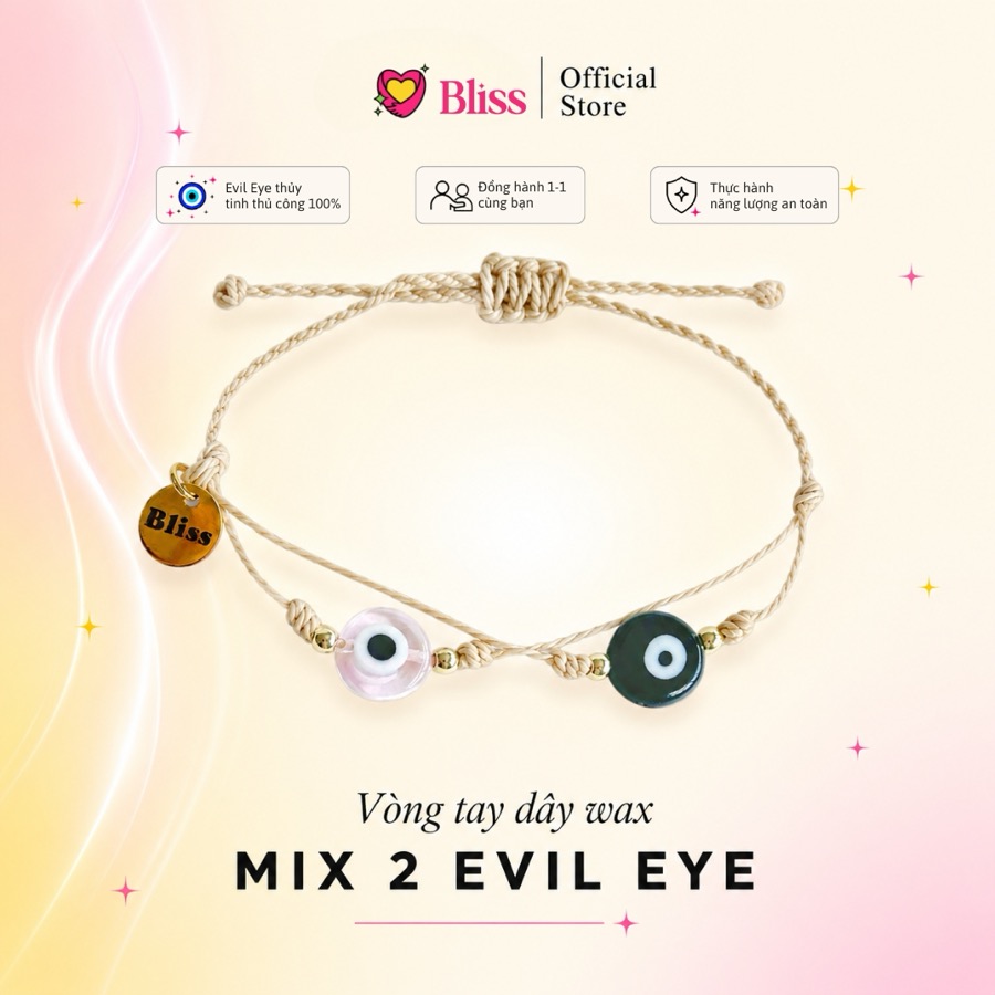Vòng Tay Evil Eye Thủy Tinh Dây Wax Mix 2 Màu (Dây Be)