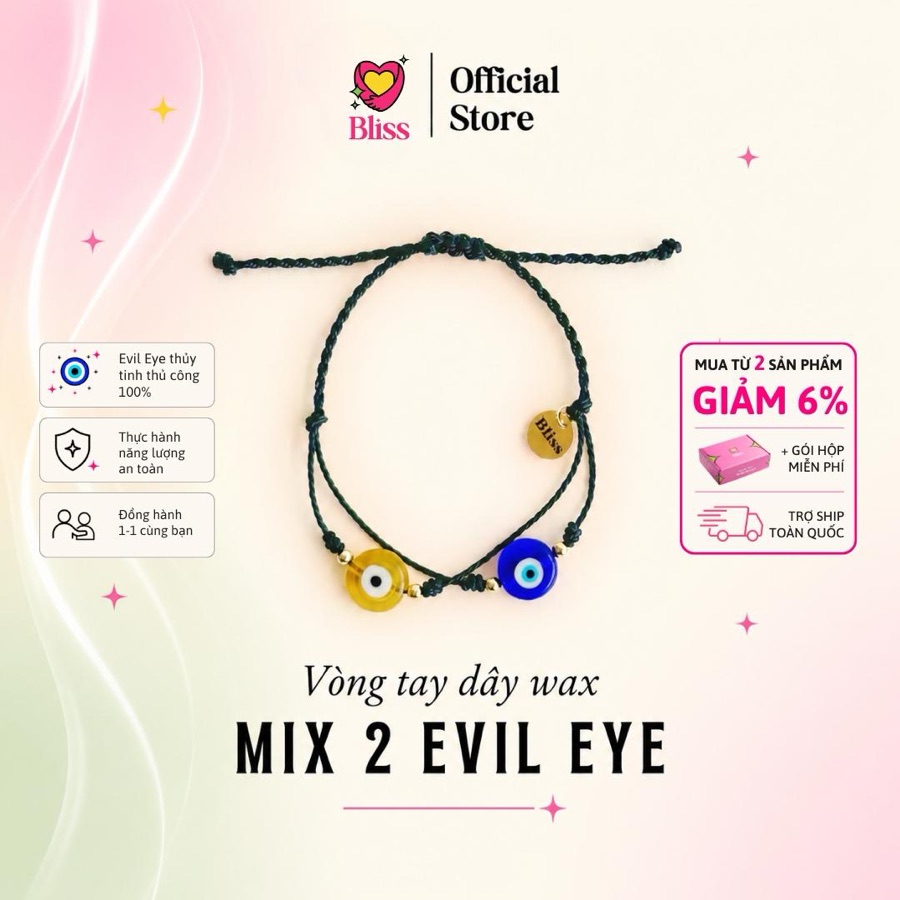 Vòng Tay Evil Eye Thủy Tinh Dây Wax Mix 2 Màu (Dây Đen)