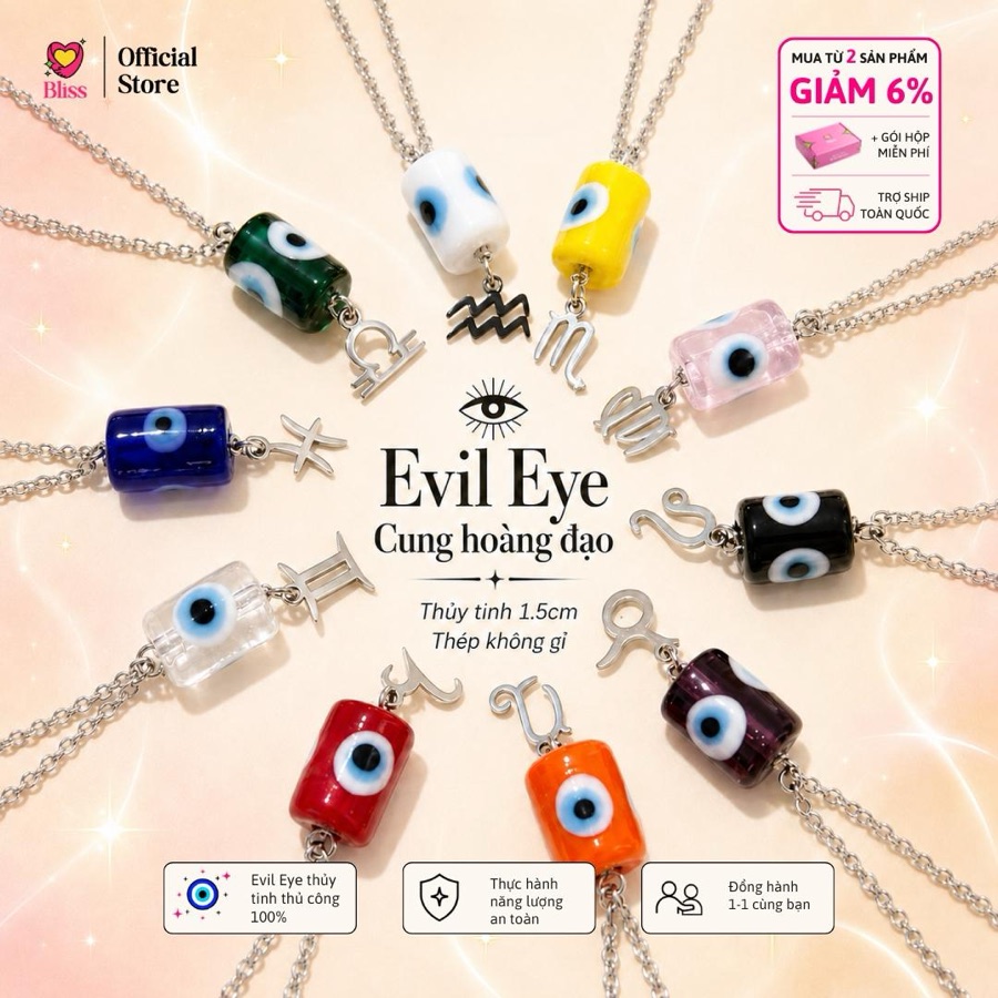 Dây Chuyền Thép Không Gỉ Lu Thống Evil Eye Phối Charm Cung Hoàng Đạo — BST Bật Aura