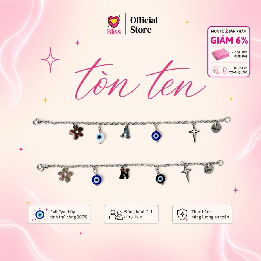 Vòng Tay TònTen Thép Không Gỉ Mix 2 Evil Eye & Chữ Cái Tên (Bản Xích Nhỏ)