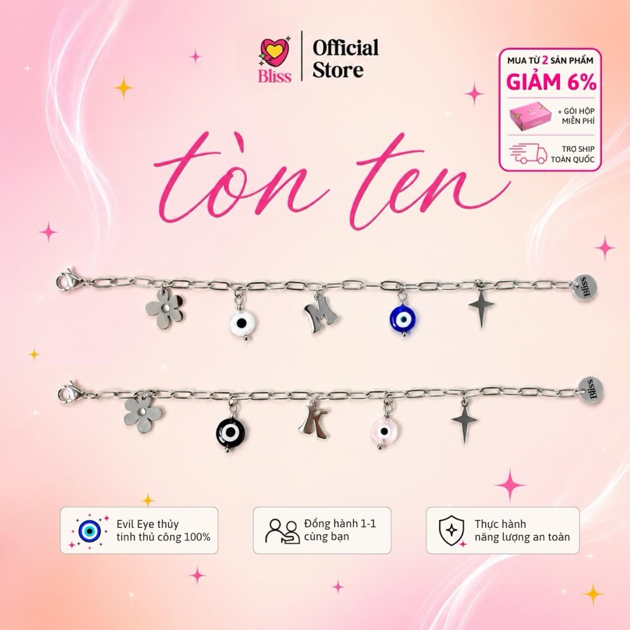 Vòng Tay TònTen Thép Không Gỉ Mix 2 Evil Eye & Chữ Cái Tên (Bản Xích Lớn)