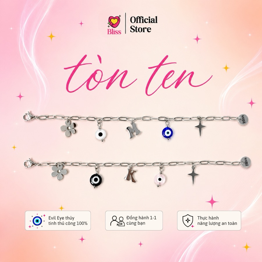 Vòng Tay TònTen Thép Không Gỉ Mix 2 Evil Eye & Chữ Cái Tên (Bản Xích Lớn)